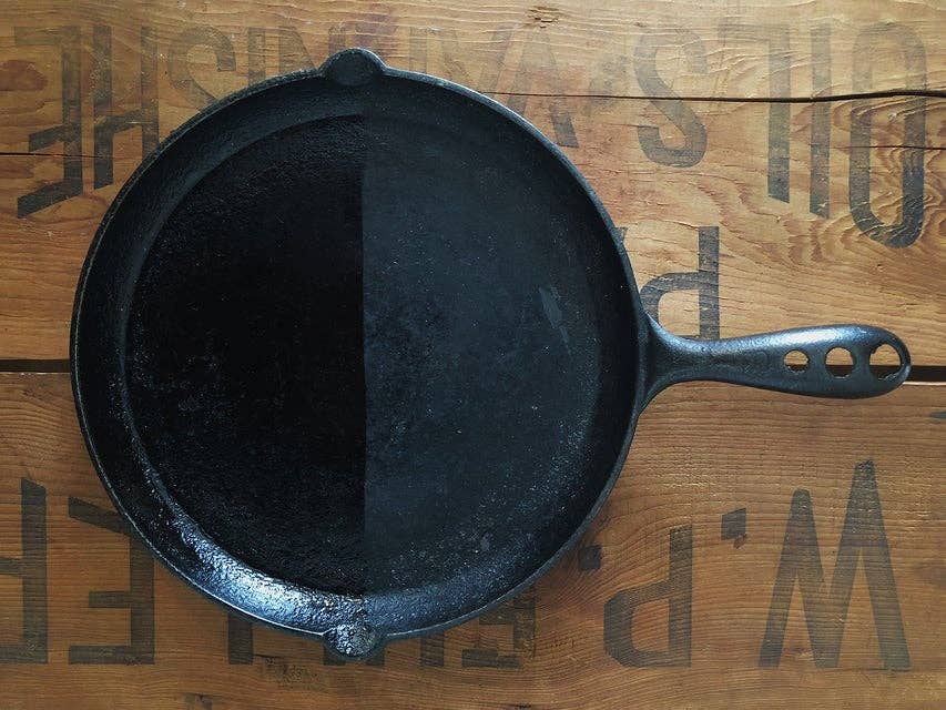 One side of this cast iron skillet is untreated. It looks dull and has no nonstick finish. The side treated with Walrus Oil has a shine and looks smoother.