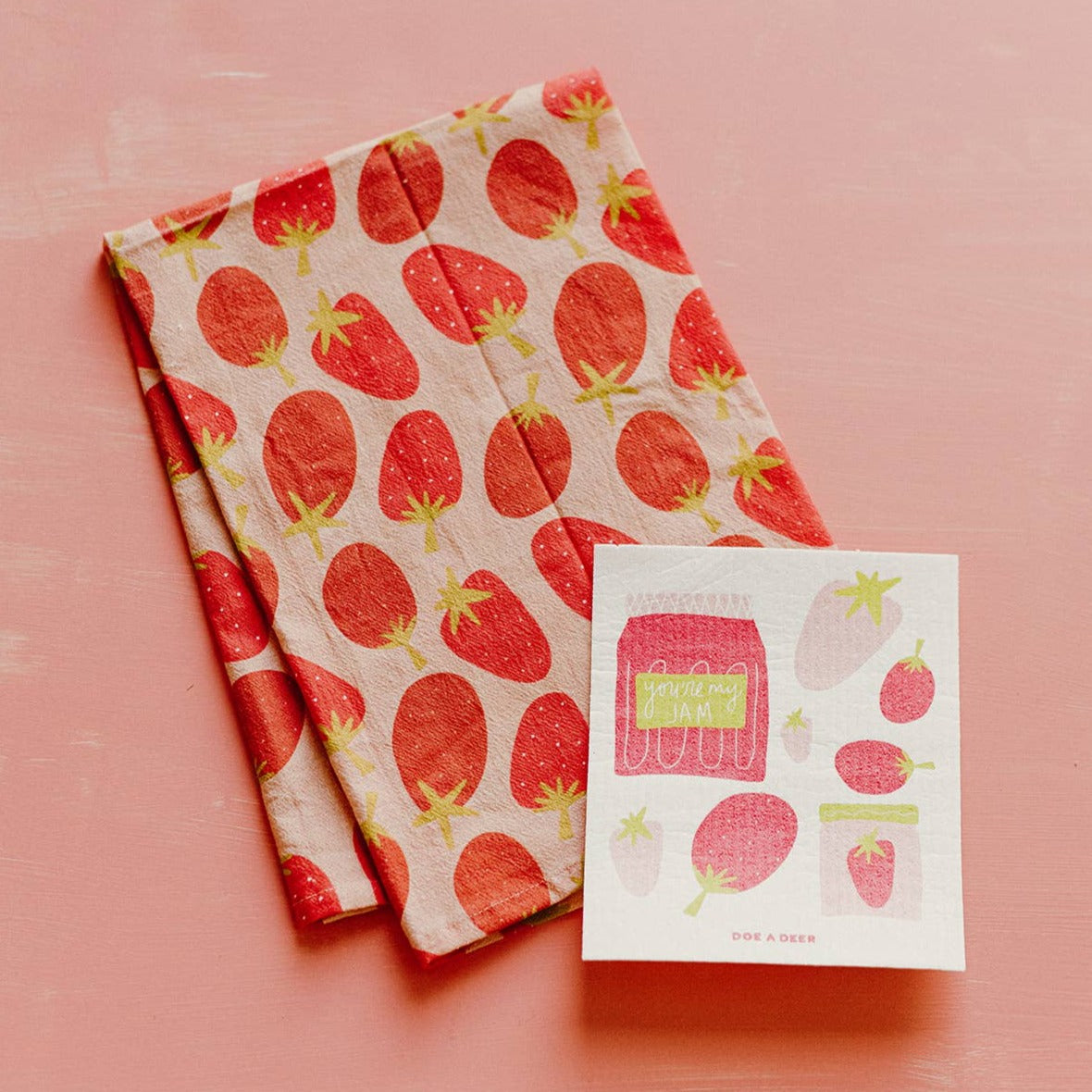 Get the strawberry tea towel to bring even more vibrant vibes into your kitchen. It pairs with this "YOU'RE MY JAM" Swedish dishcloth.