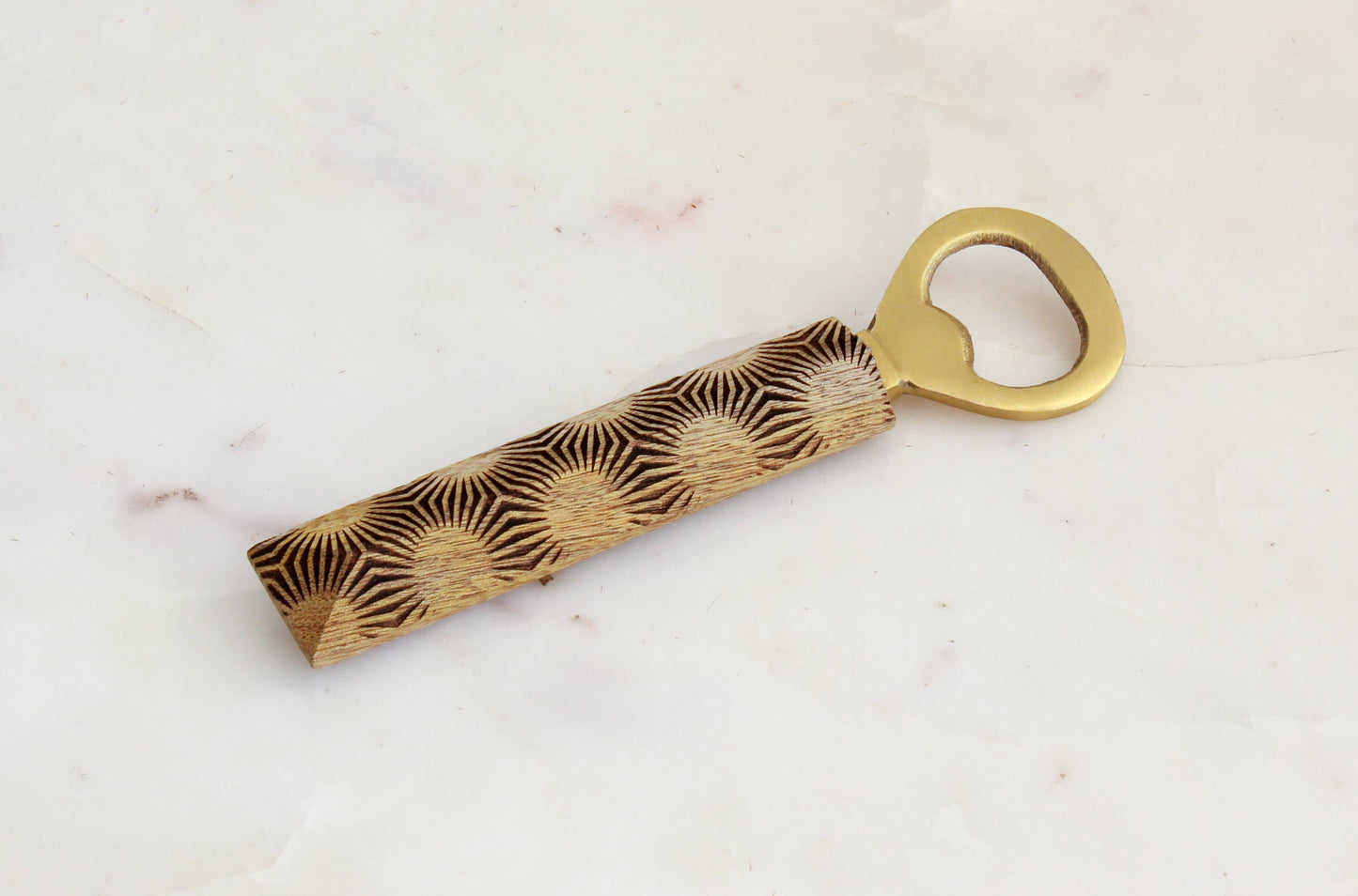 Buy one (1) brass and mango wood bottle opener for a wedding gift or housewarming gift. 