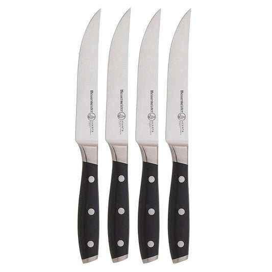 Gift set of four black-handled Messermeister Avanta steak knives.