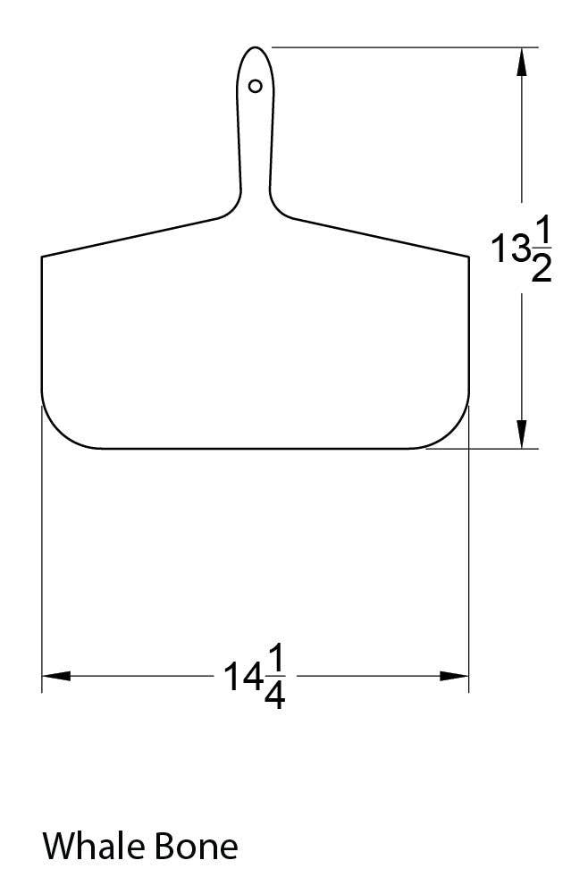 This Whale Bone board measures 13.5 inches from the top of the handle to the bottom of the board. It's 14.25 inches across. 