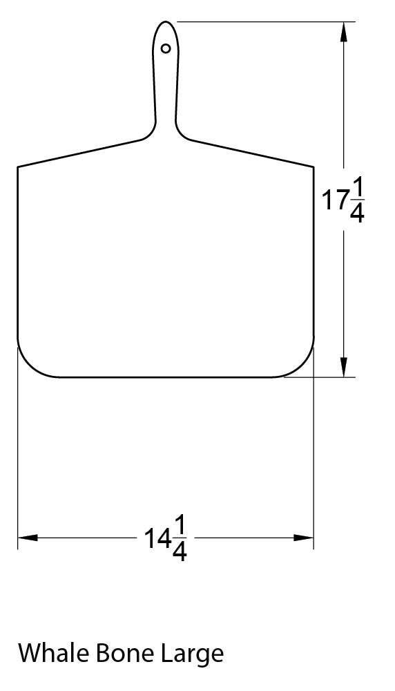 The large Whale Bone cutting board measures 17.25" from the top of the handle to the bottom of the board. It is 14.25 inches wide, giving a broad cutting and serving surface.