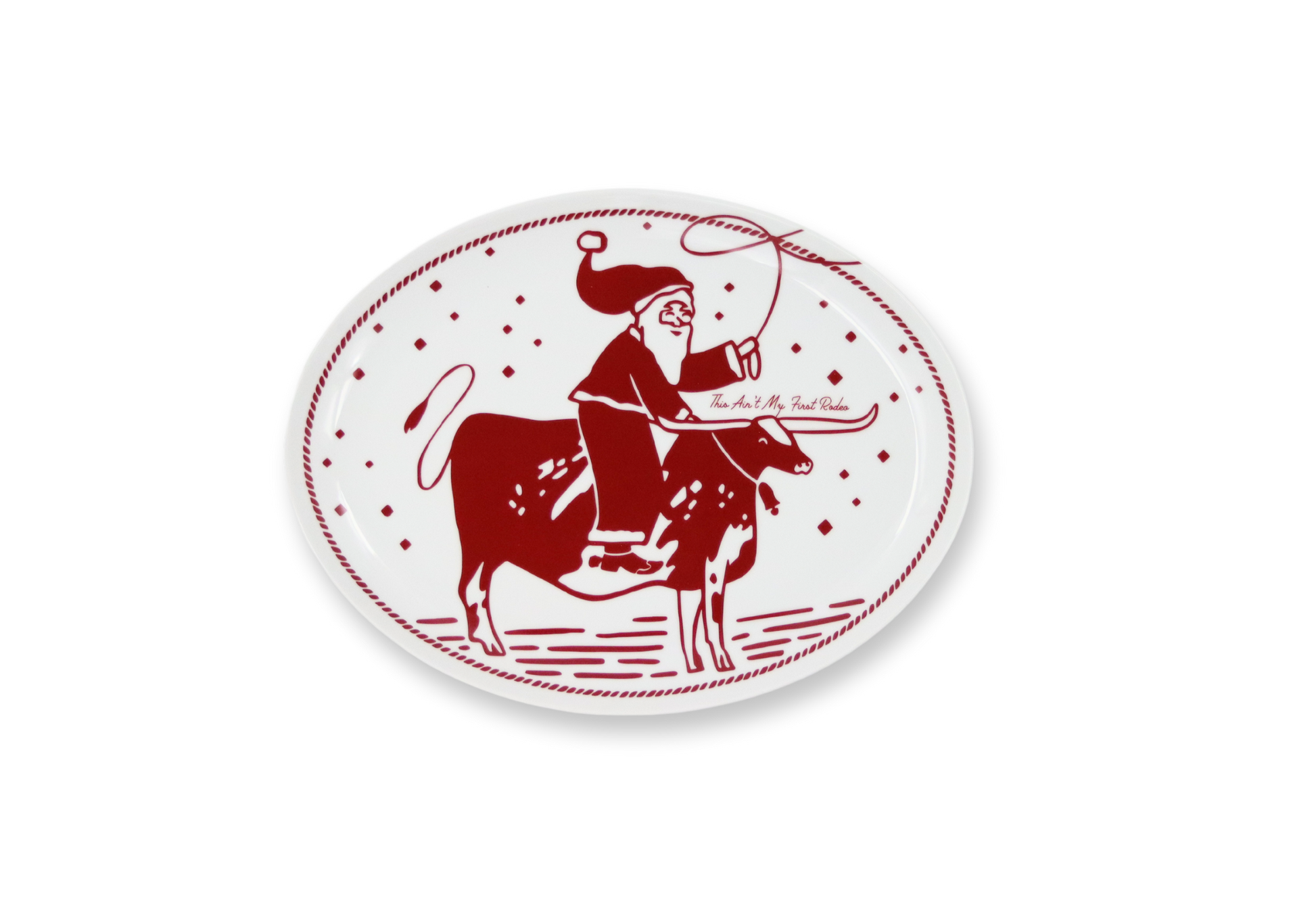 Buy one (1) porcelain Christmas platter with Santa riding a longhorn. The platter is food-safe and can also be used as kitchen decor. 