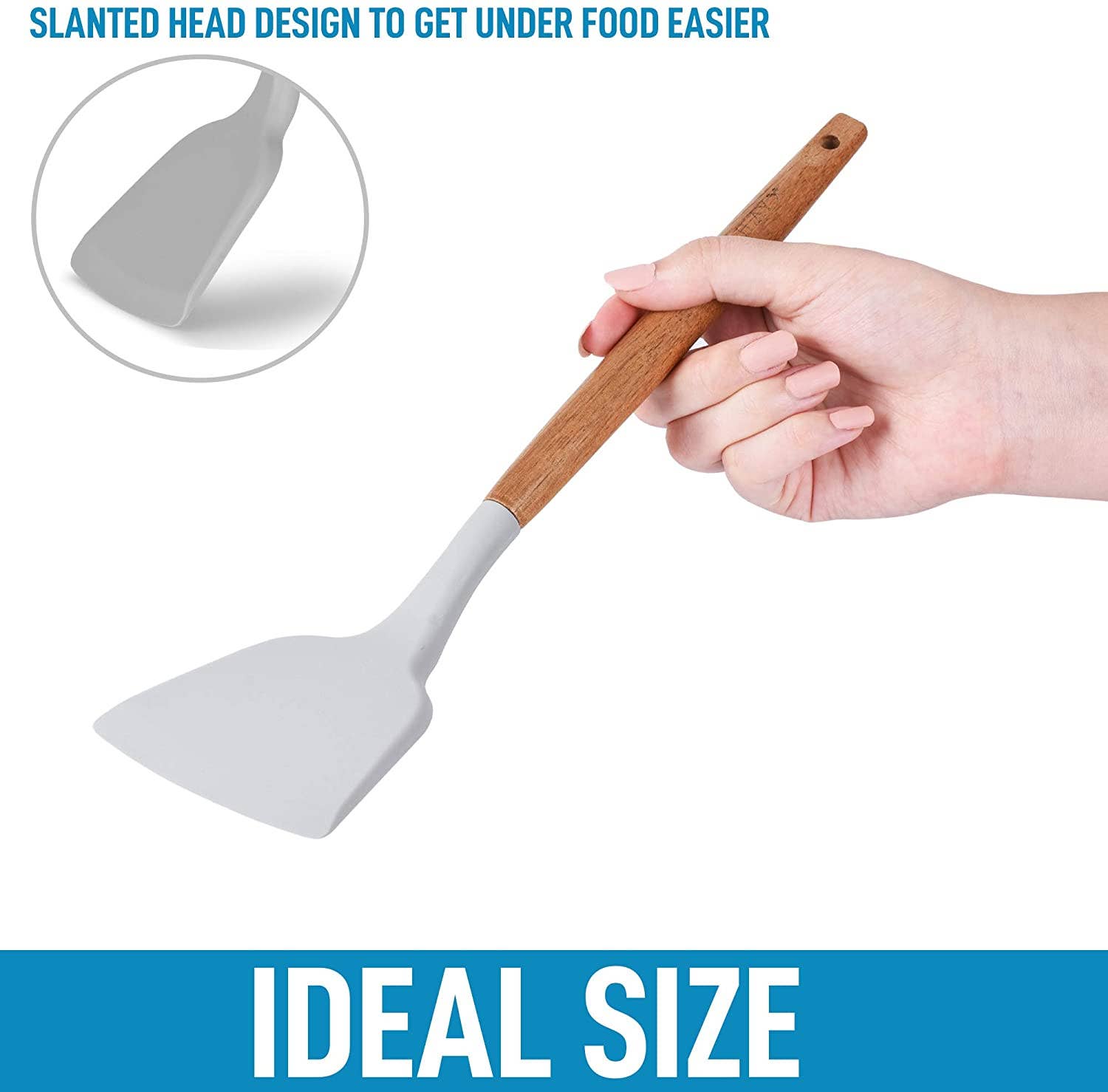 The spatula's slanted edge lets you get under food easier.