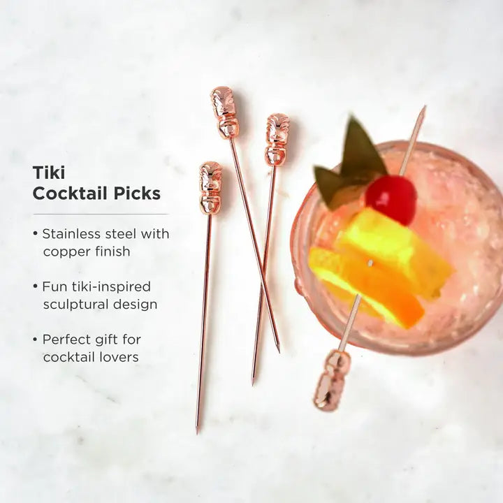 Buy one (1) set of four copper-plated tiki cocktail picks.