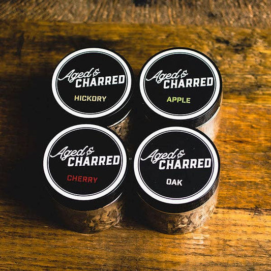 This set includes 4 (four) - two-oz jars of wood chips made from Hickory, Apple, Cherry, and Oak wood. 