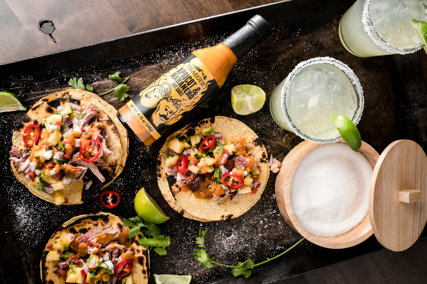 Traeger suggests serving Apricot & Habanero hot sauce with tostadas and other Tex Mex meals.