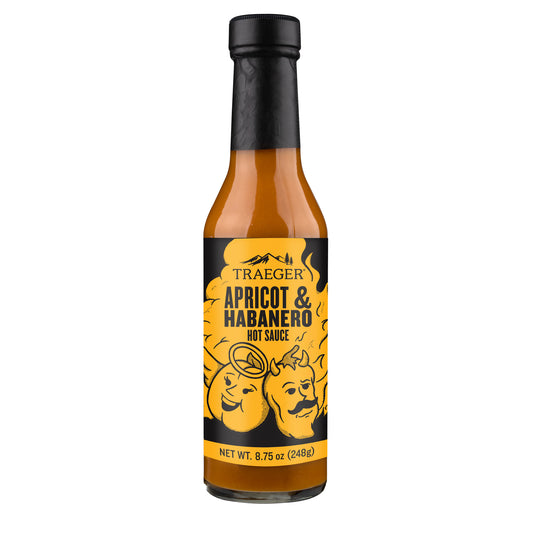 Traeger Apricot & Habanero is packaged in a sealed bottle. Net wt. 8.75 oz