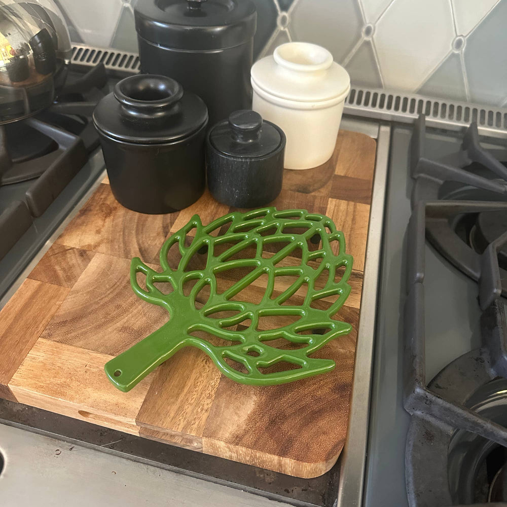 The artichoke trivet is safe for use on kitchen counters and dining tables. 