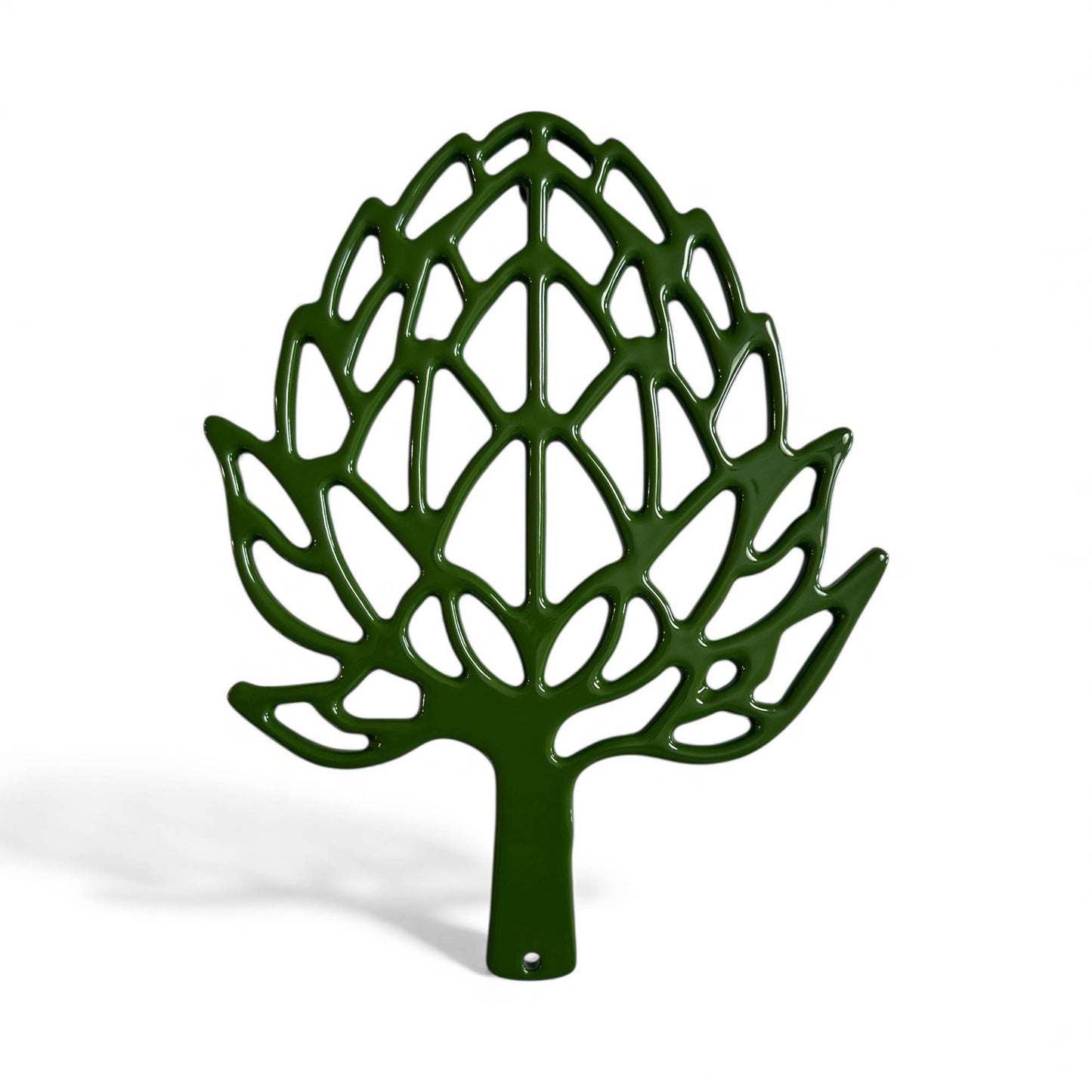 The artichoke trivet is made of durable, enamel-coated cast iron. 
