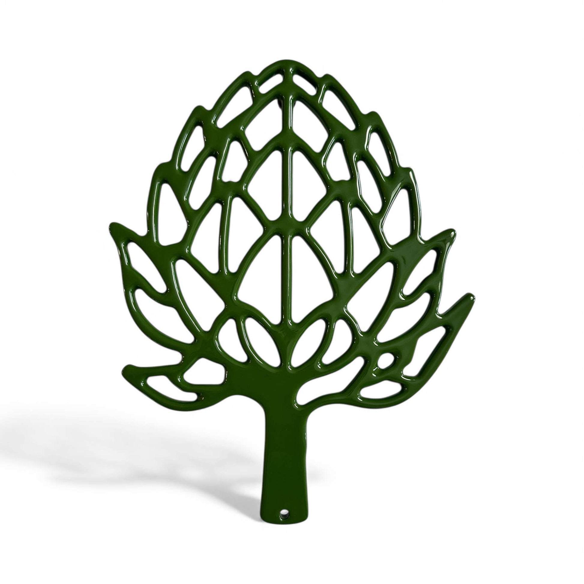 The artichoke trivet is made of durable, enamel-coated cast iron. 