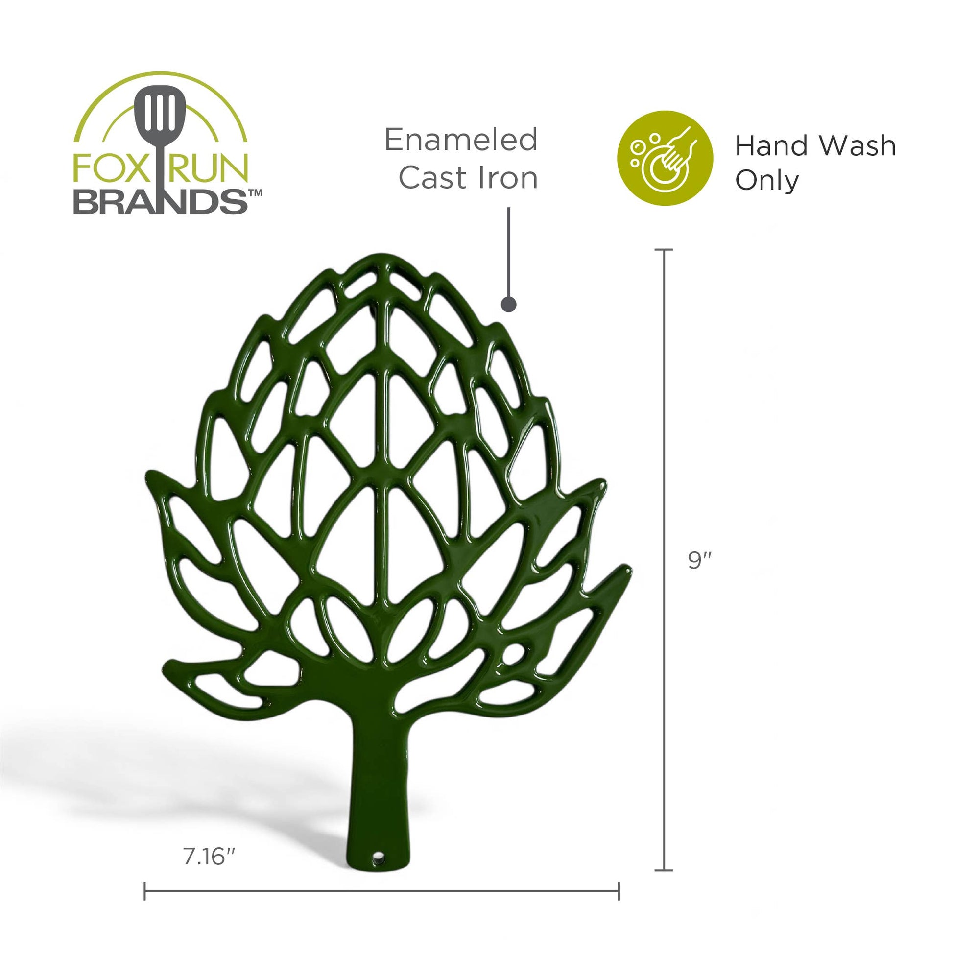 This artichoke trivet measures 9 x 7.16 inches and is hand wash only. 