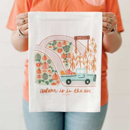 Decorate your kitchen with this design that features a pumpkin patch, corn and a blue farm truck.