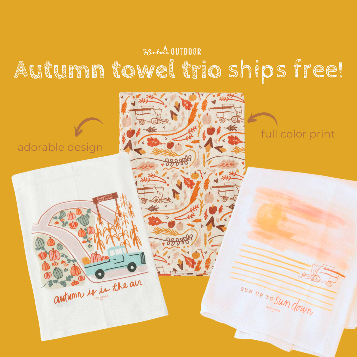 Buy one (1) trio of Autumn-themed kitchen tea towels. This bundle includes free shipping.