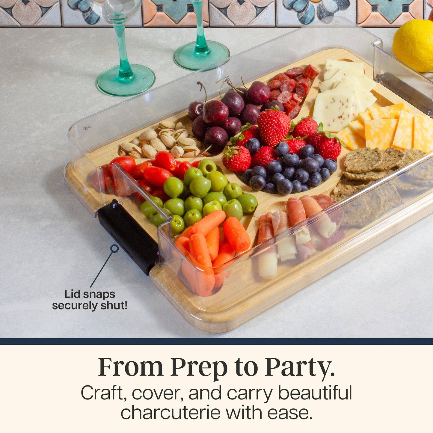 Cover and carry your charcuterie board easily with a lid that securely snaps shut. 