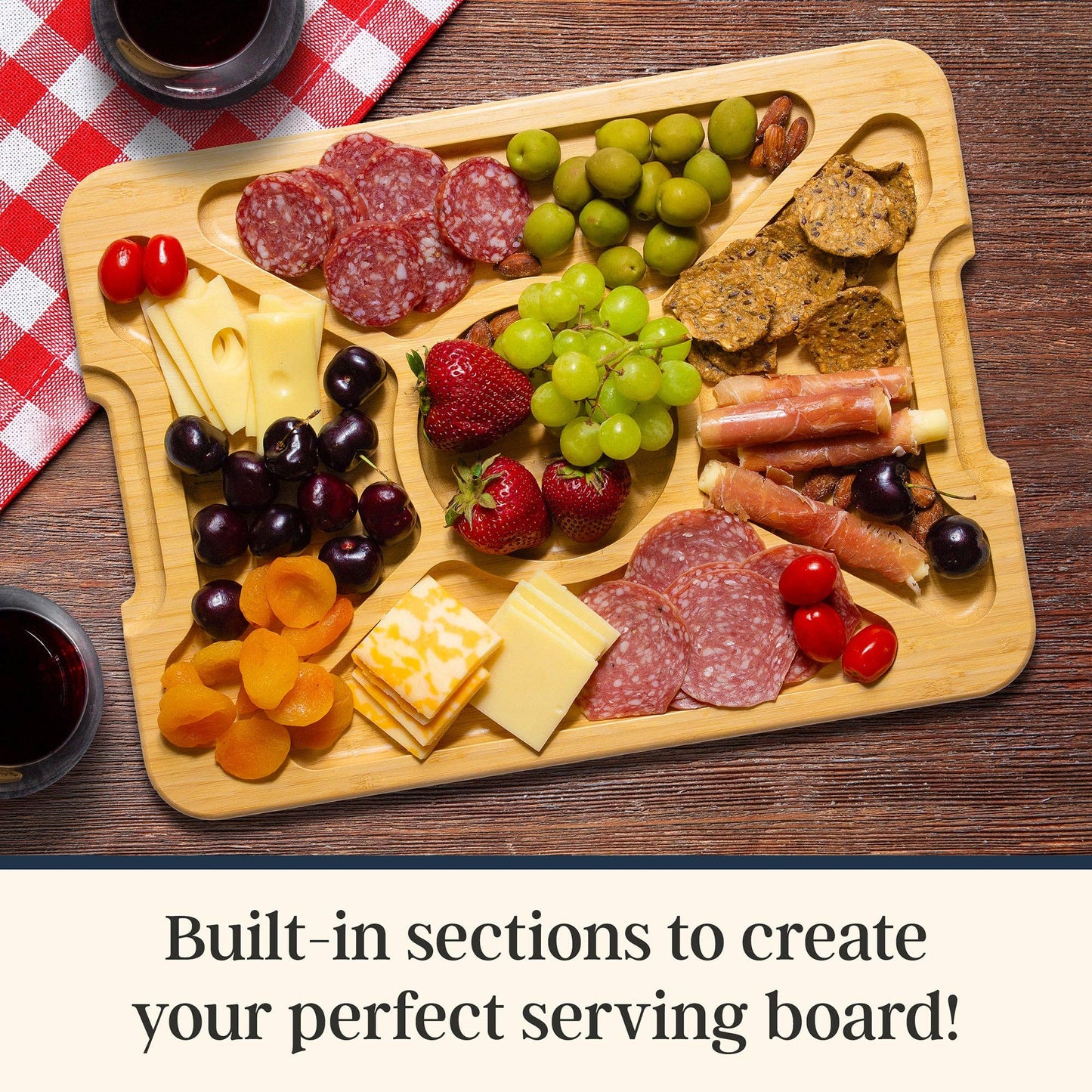 The side with compartments keeps your charcuterie looking perfect. 