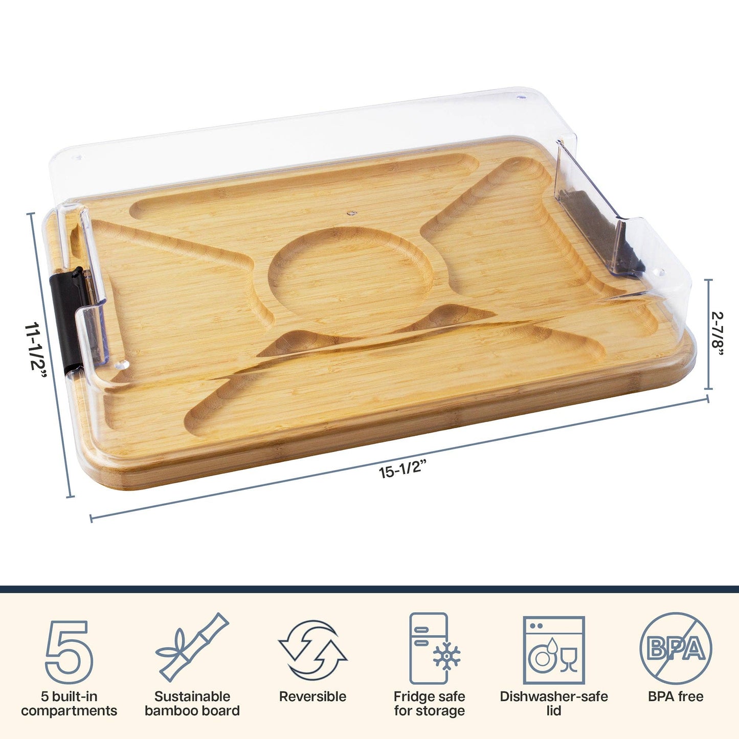 With the lid on, this board measures 11.5 inches wide, 15.5 inches long, and almost 3 inches tall. 