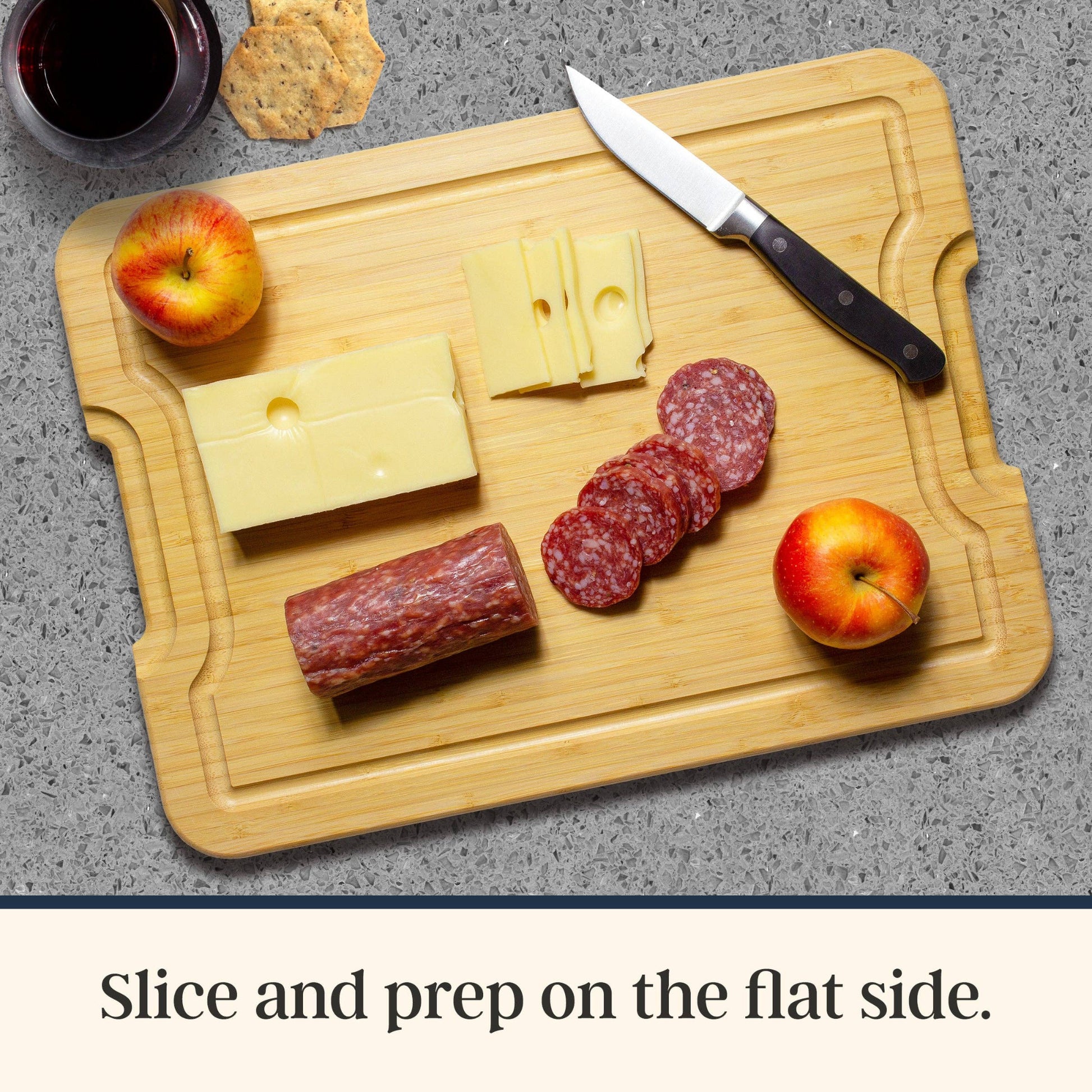 The flat side is perfect for slicing meat and cheese. 