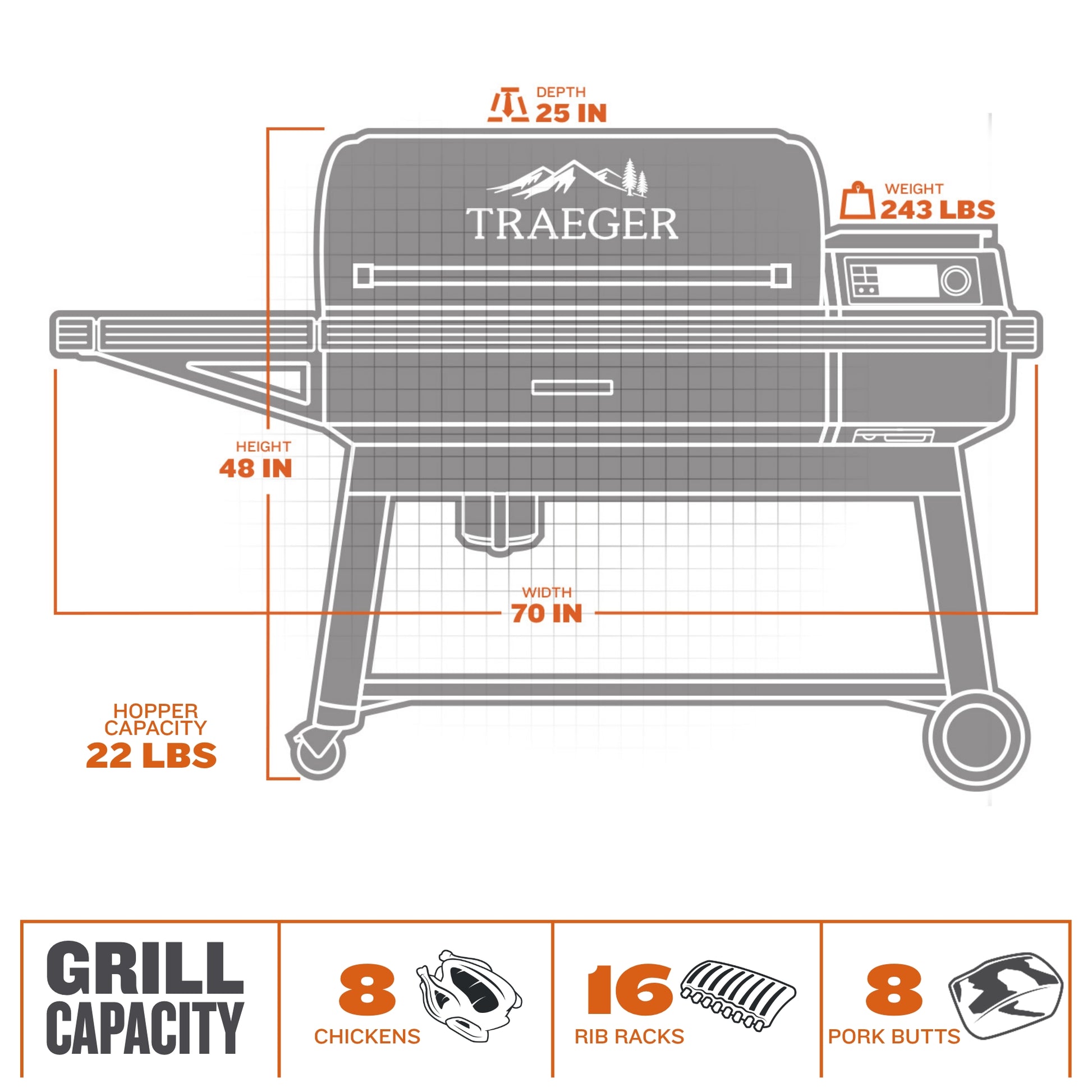 Traeger Ironwood XL has space for eight chickens, 16 rib racks or eight pork butts. It is 48 inches tall and 70 inches wide.