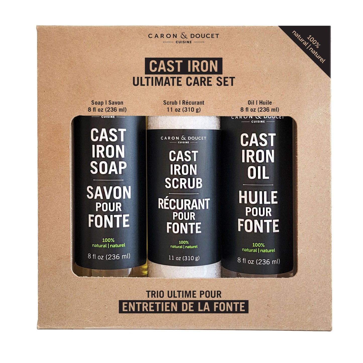 Buy 1 (one) cast iron ultimate care set, which contains cast iron soap, scrub and oil.