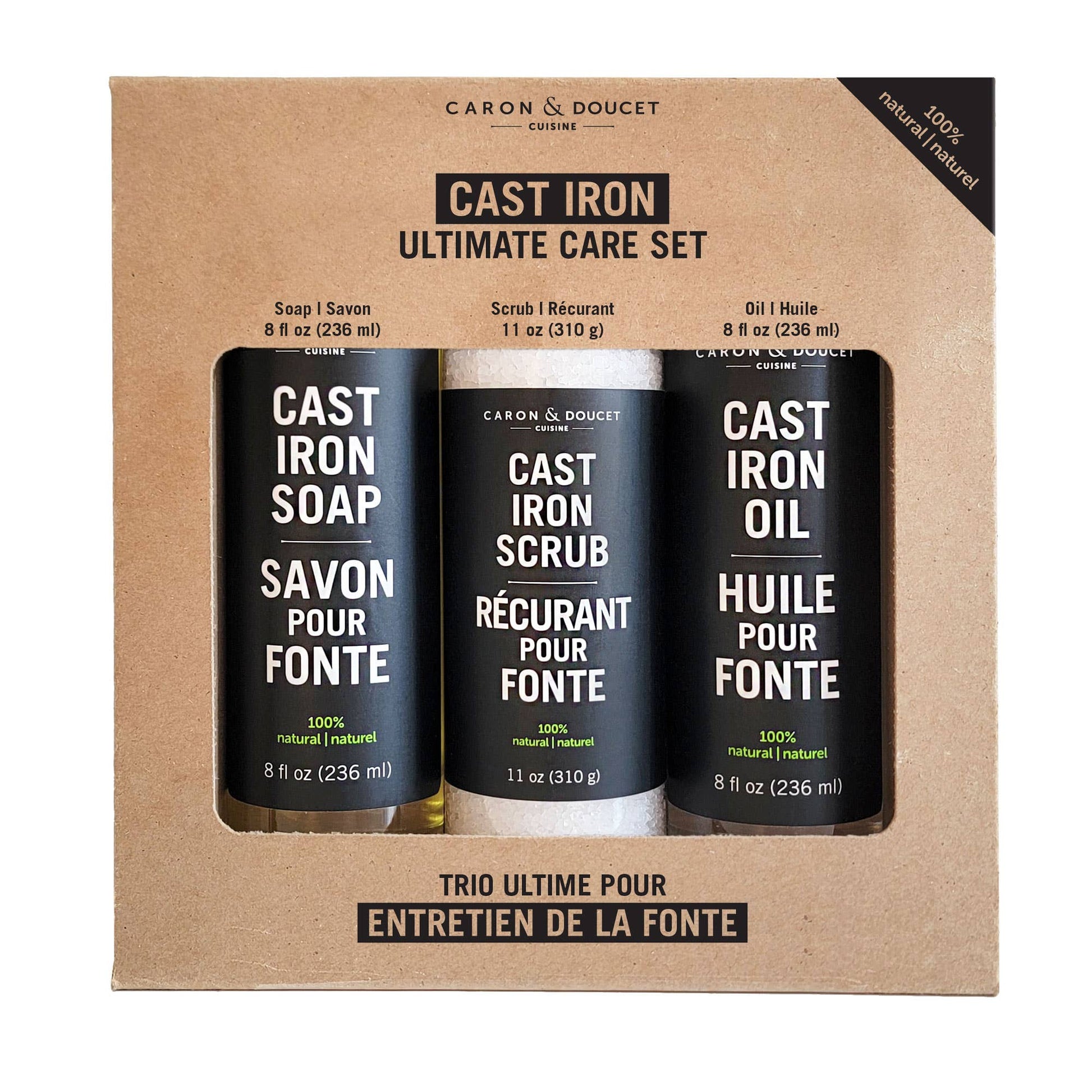 Buy 1 (one) cast iron ultimate care set, which contains cast iron soap, scrub and oil.