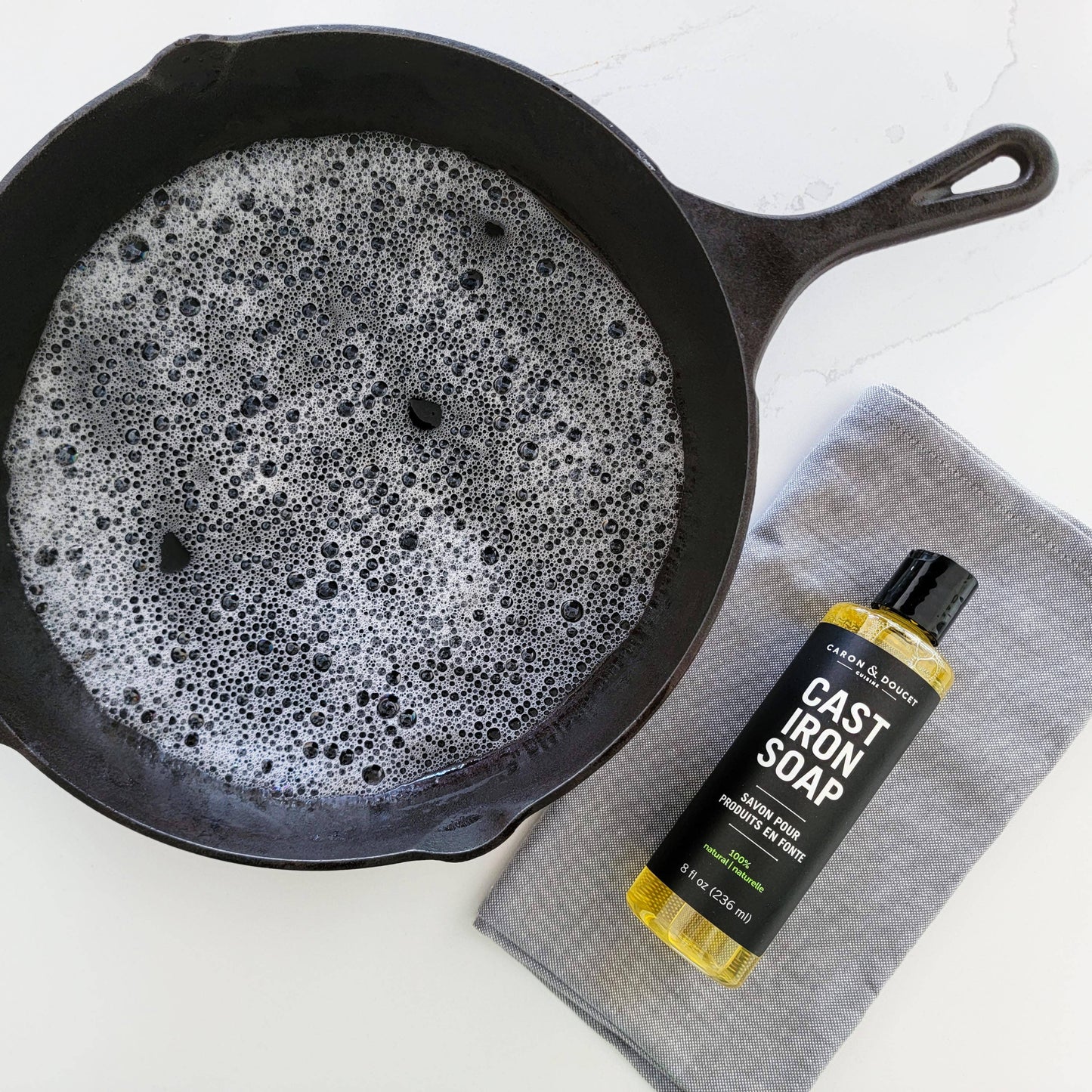Cast iron soap gently cleans your pan without damaging the seasoning.