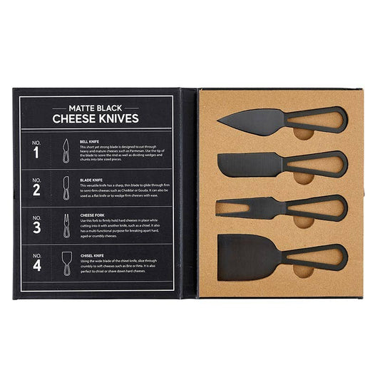 Buy this set of matte black cheese knives, which includes one bell knife, one blade knife, one cheese fork and one chisel knife. 
