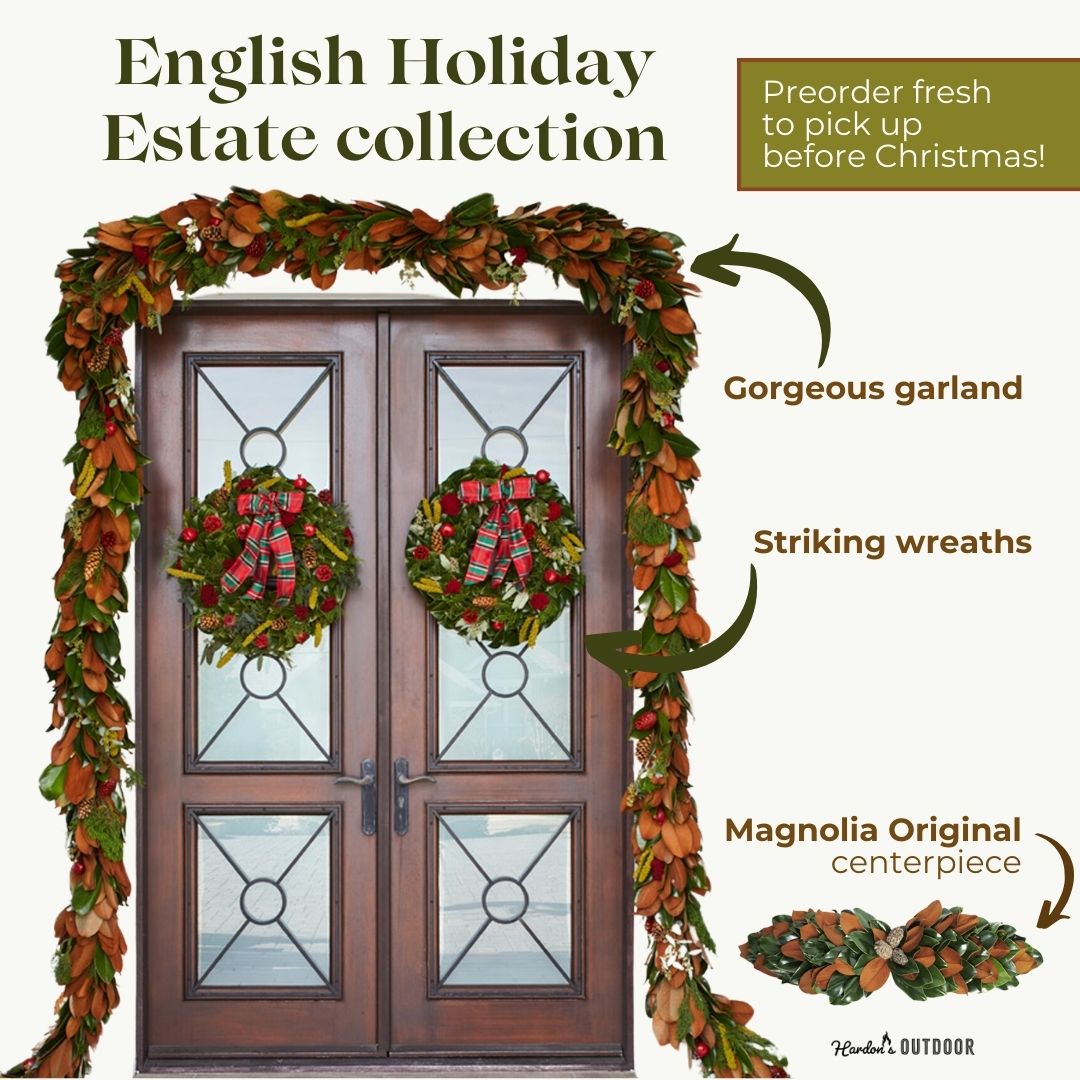 The English Holiday Estate garland and wreath, are sold separately. The coordinating Magnolia Original centerpiece is also available separately.