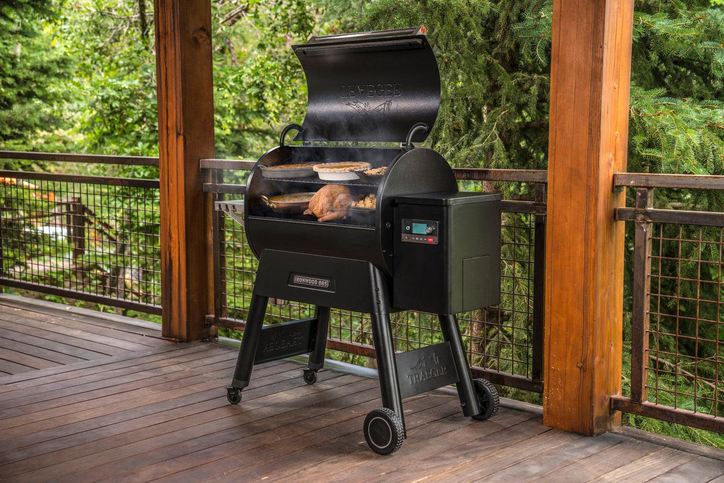 Larger model Traeger smokers/grills can hold an entire turkey, plus your Thanksgiving Day sides and pies, as show on the Ironwood 885.