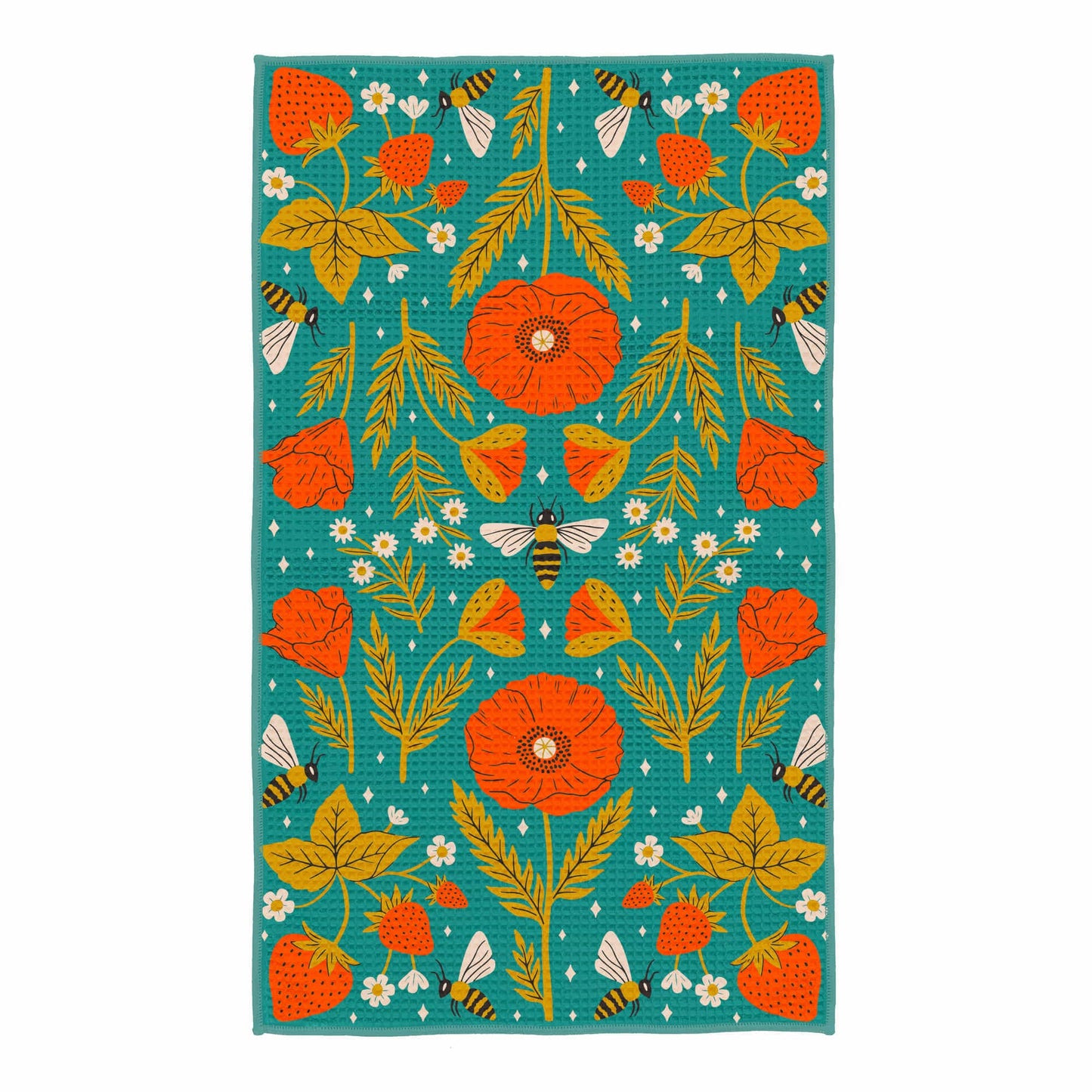 Buy 1 (one) bright and colorful Garden Buzz kitchen towel, with bees and poppies on one side. 