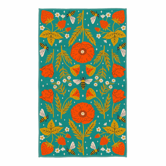 Buy 1 (one) bright and colorful Garden Buzz kitchen towel, with bees and poppies on one side. 