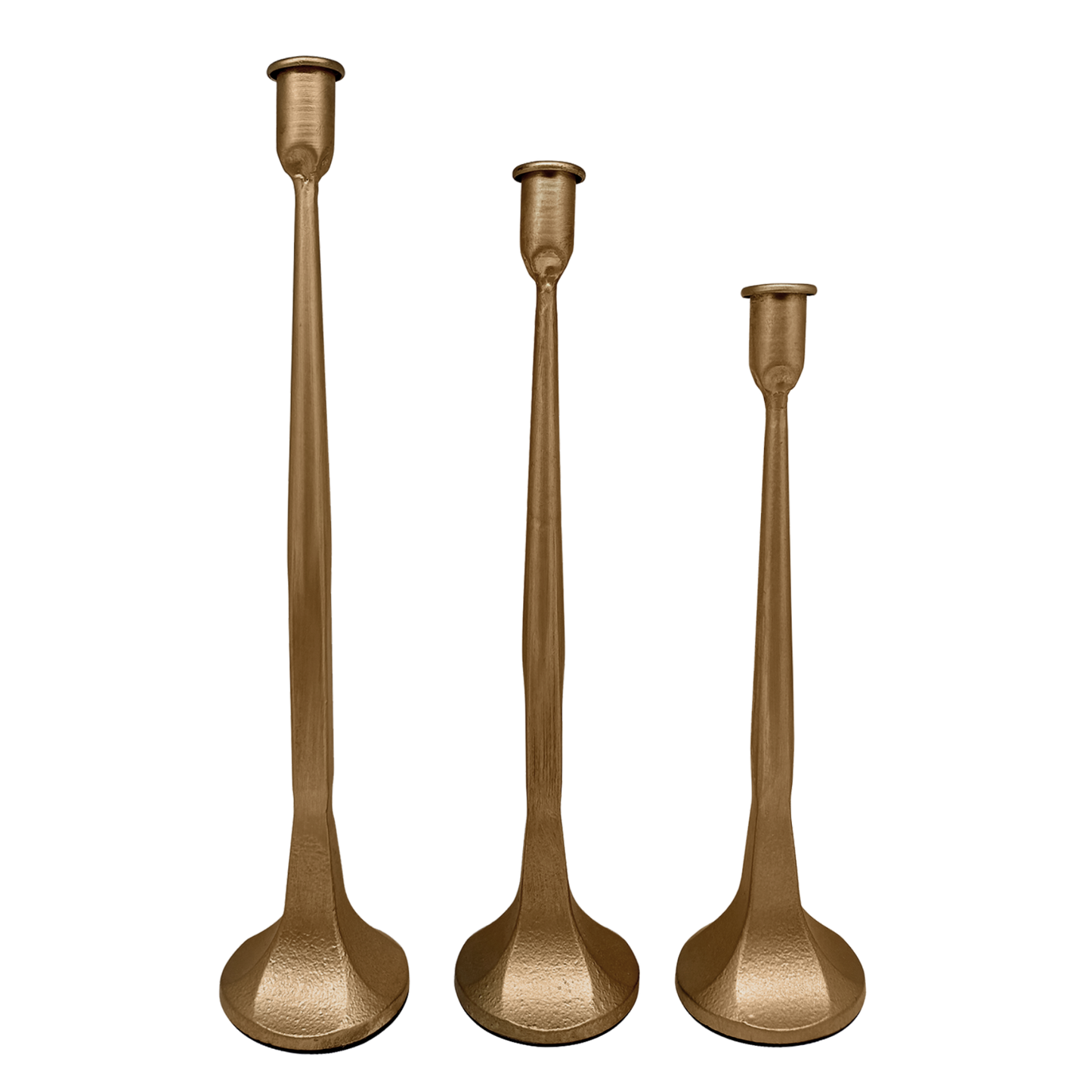 Buy 1 (one) set of three gold cast iron taper candle holders. 