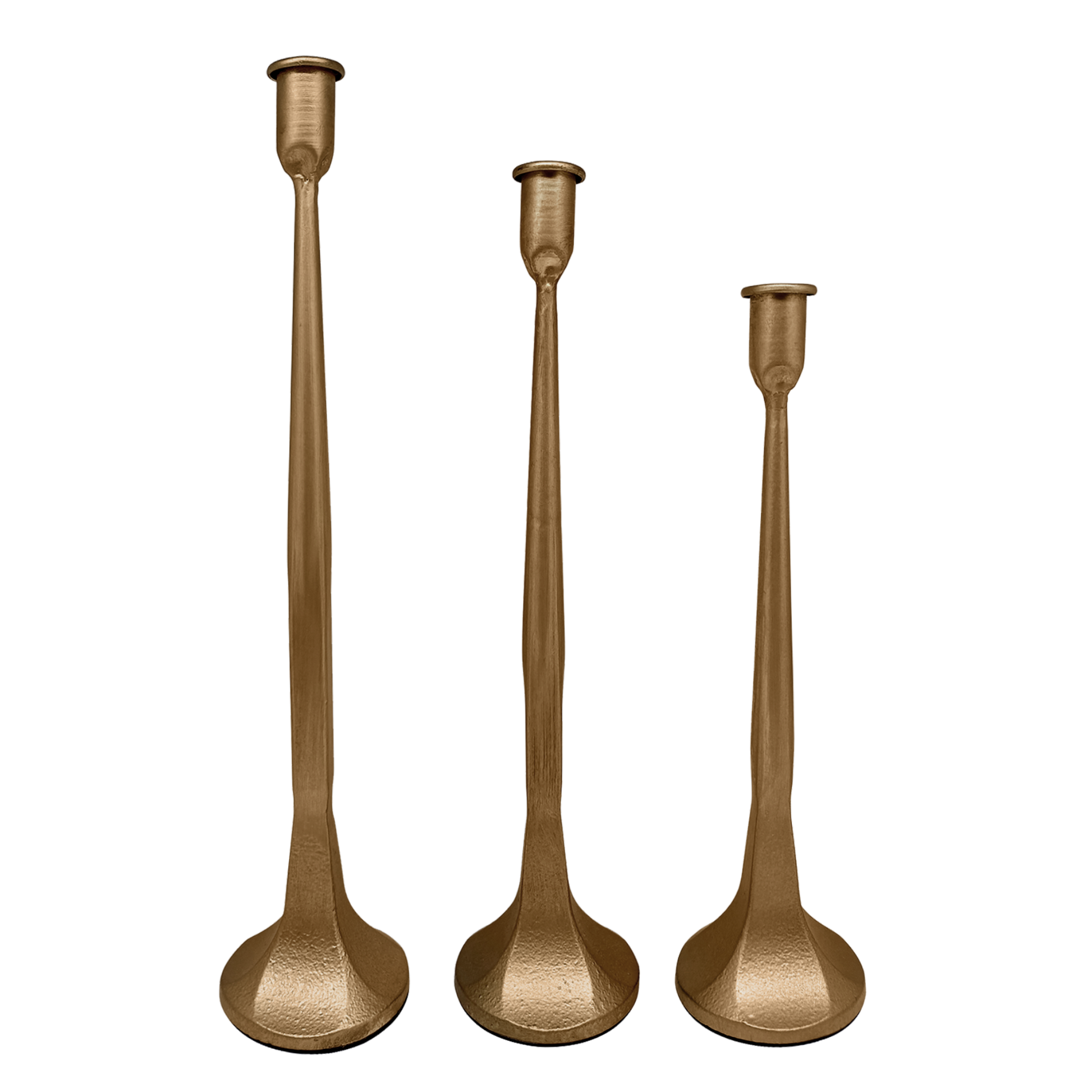 Buy 1 (one) set of three gold cast iron taper candle holders. 