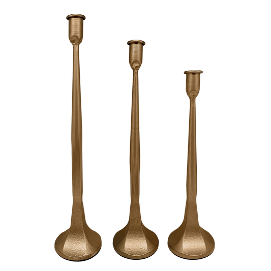 Buy 1 (one) set of three gold cast iron taper candle holders. 