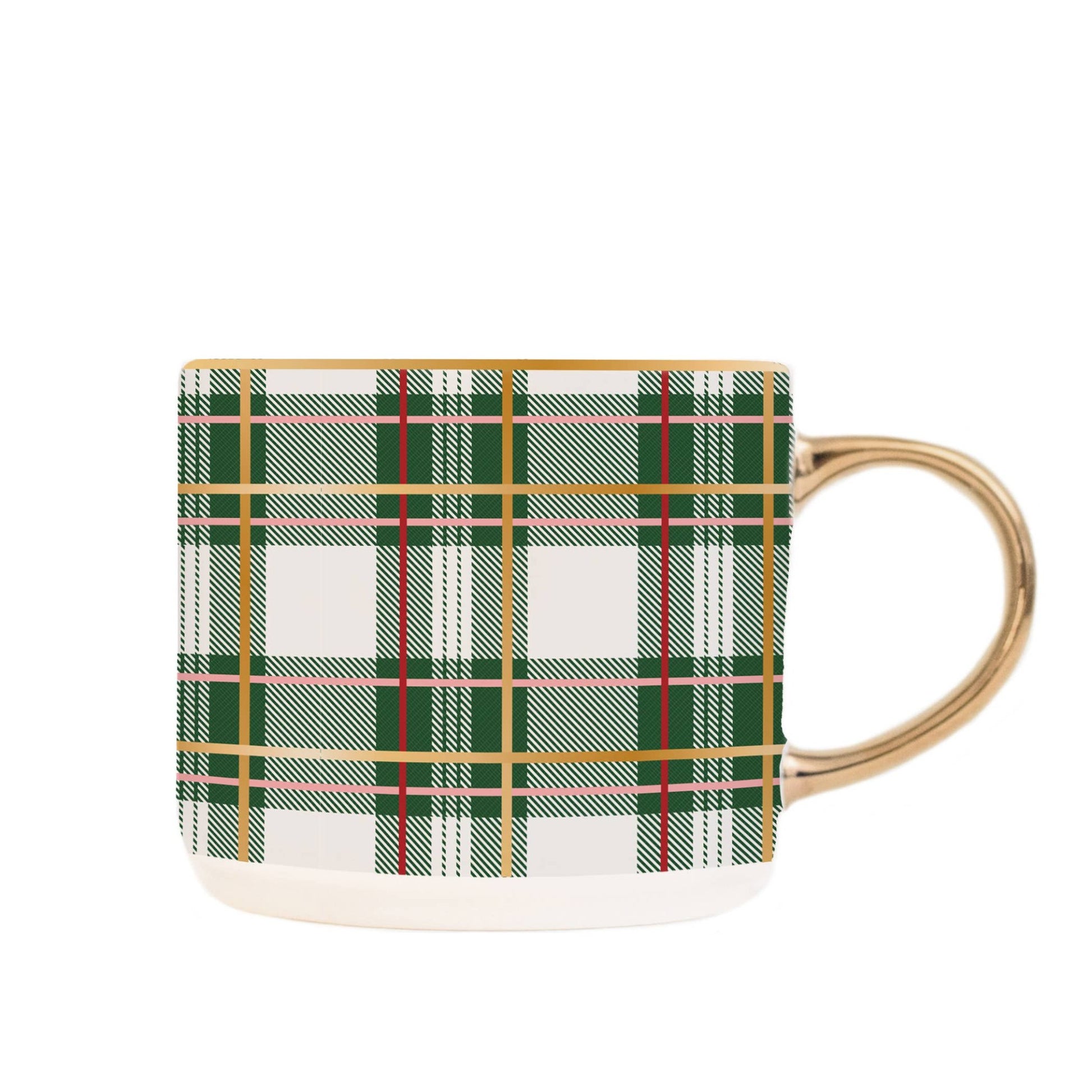 Buy one (1) green plaid coffee cup with gold accents. 