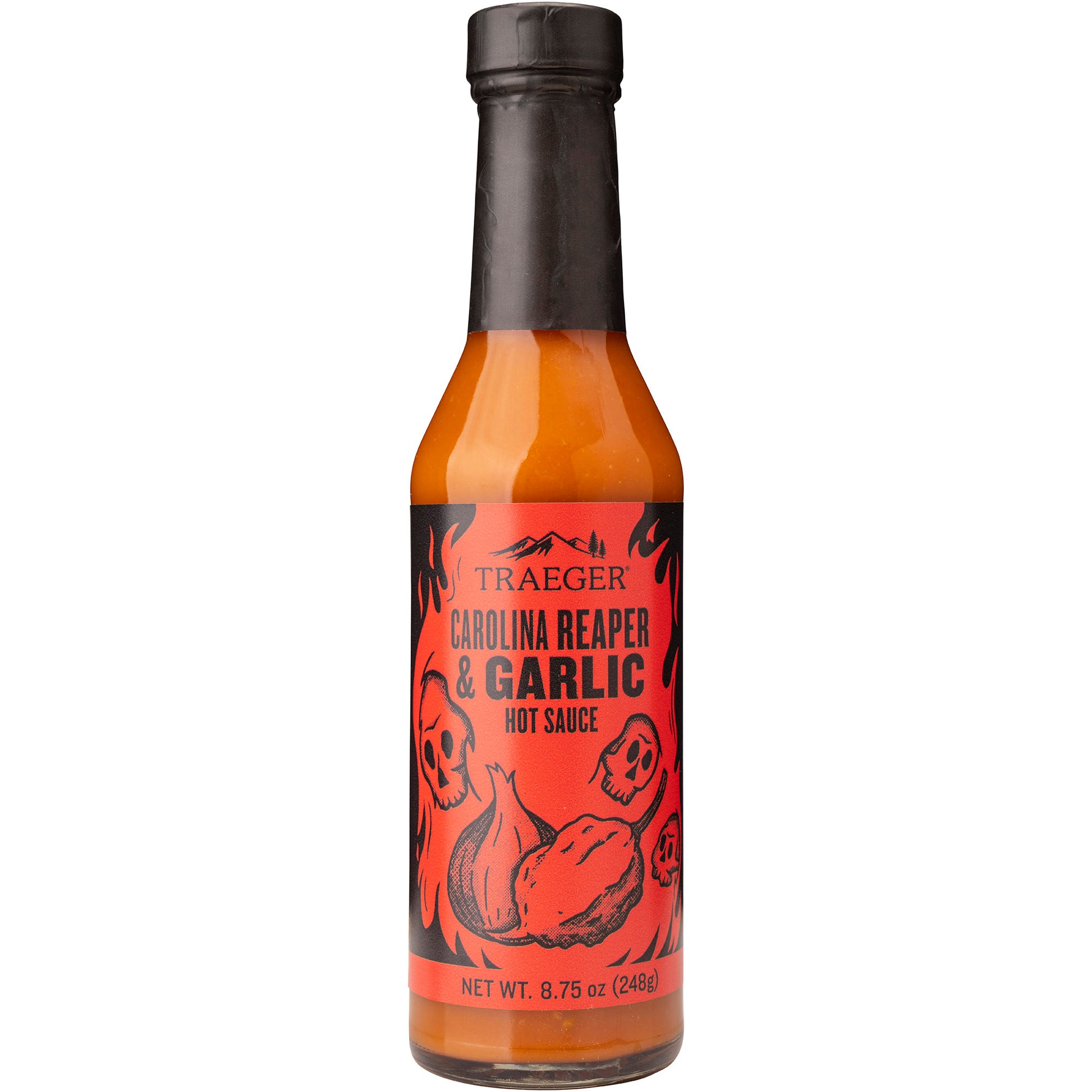 Traeger Carolina Reaper & Garlic hot sauce is packaged in a sealed bottle. Net wt. 8.75 oz.