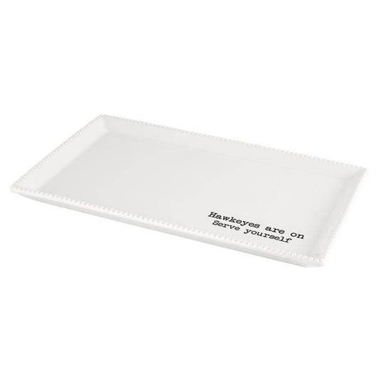 Buy 1 (one) rectangular white ceramic serving platter with 'Hawkeyes' text on the lower right corner.