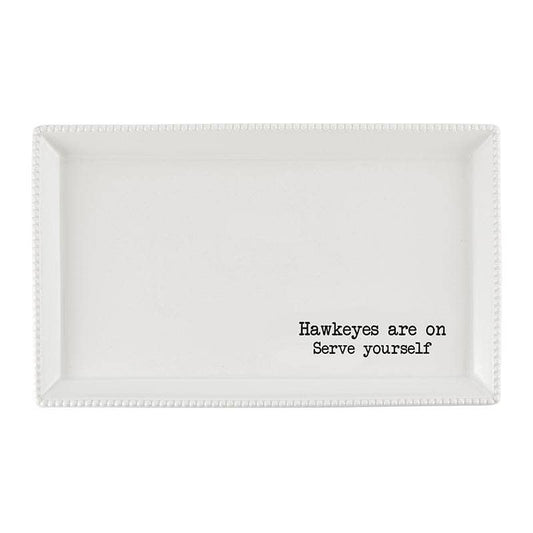 This white Hawkeyes platter is safe to use in microwaves and dishwashers. 