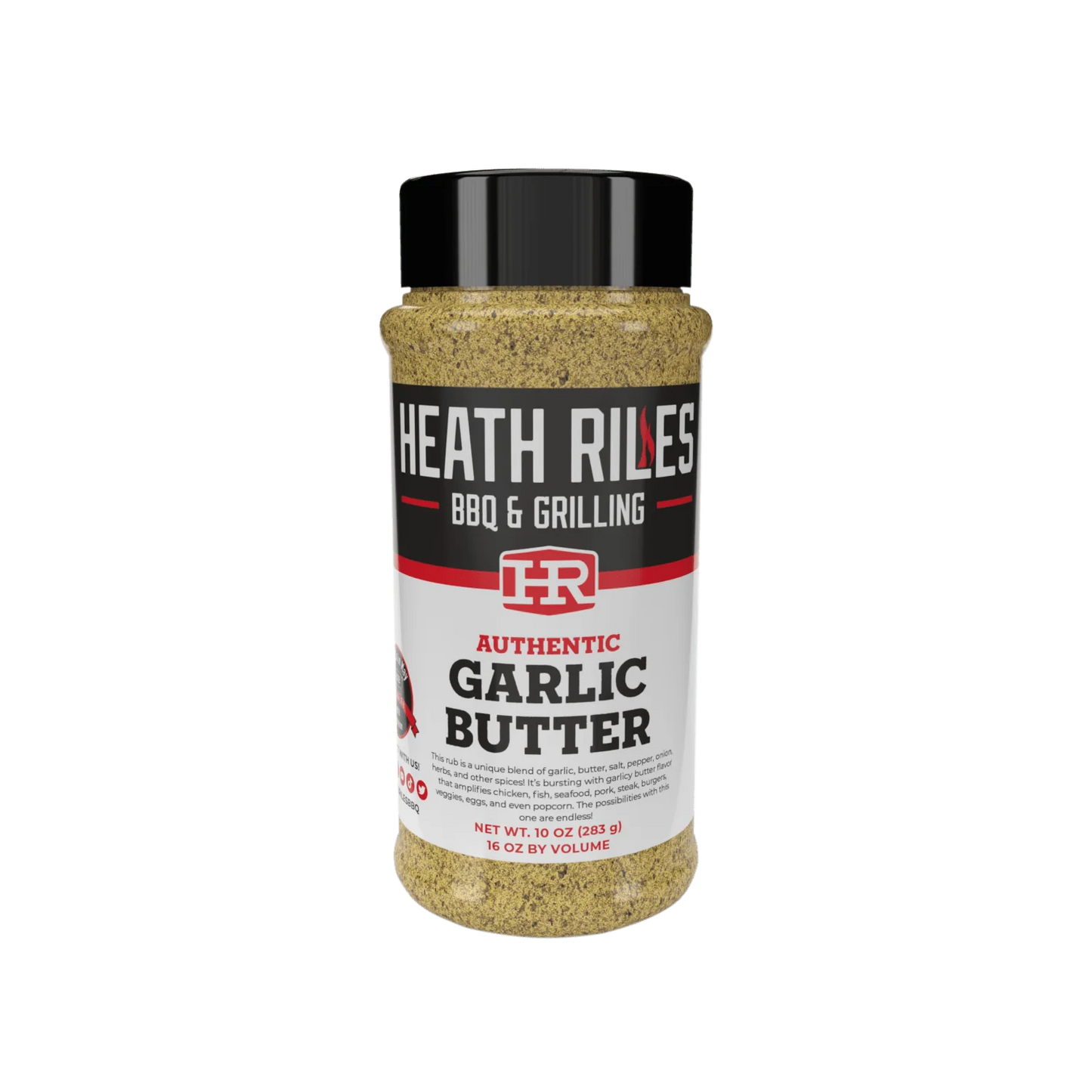 Buy one (1) 10 oz net wt. bottle of Heath Riles Garlic Butter grilling rub.