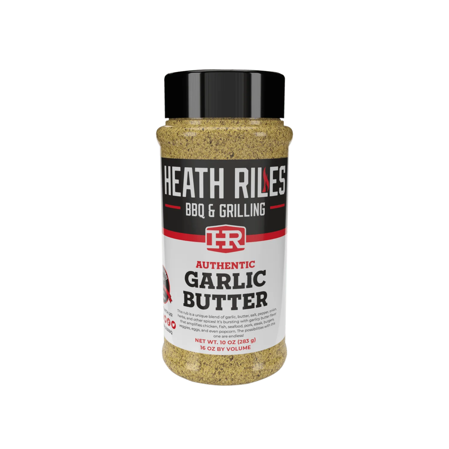 Buy one (1) 10 oz net wt. bottle of Heath Riles Garlic Butter grilling rub.