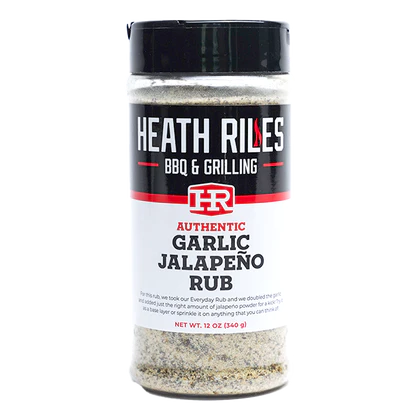 Heath Riles Garlic Jalapeno Rub comes in a shaker style bottle.