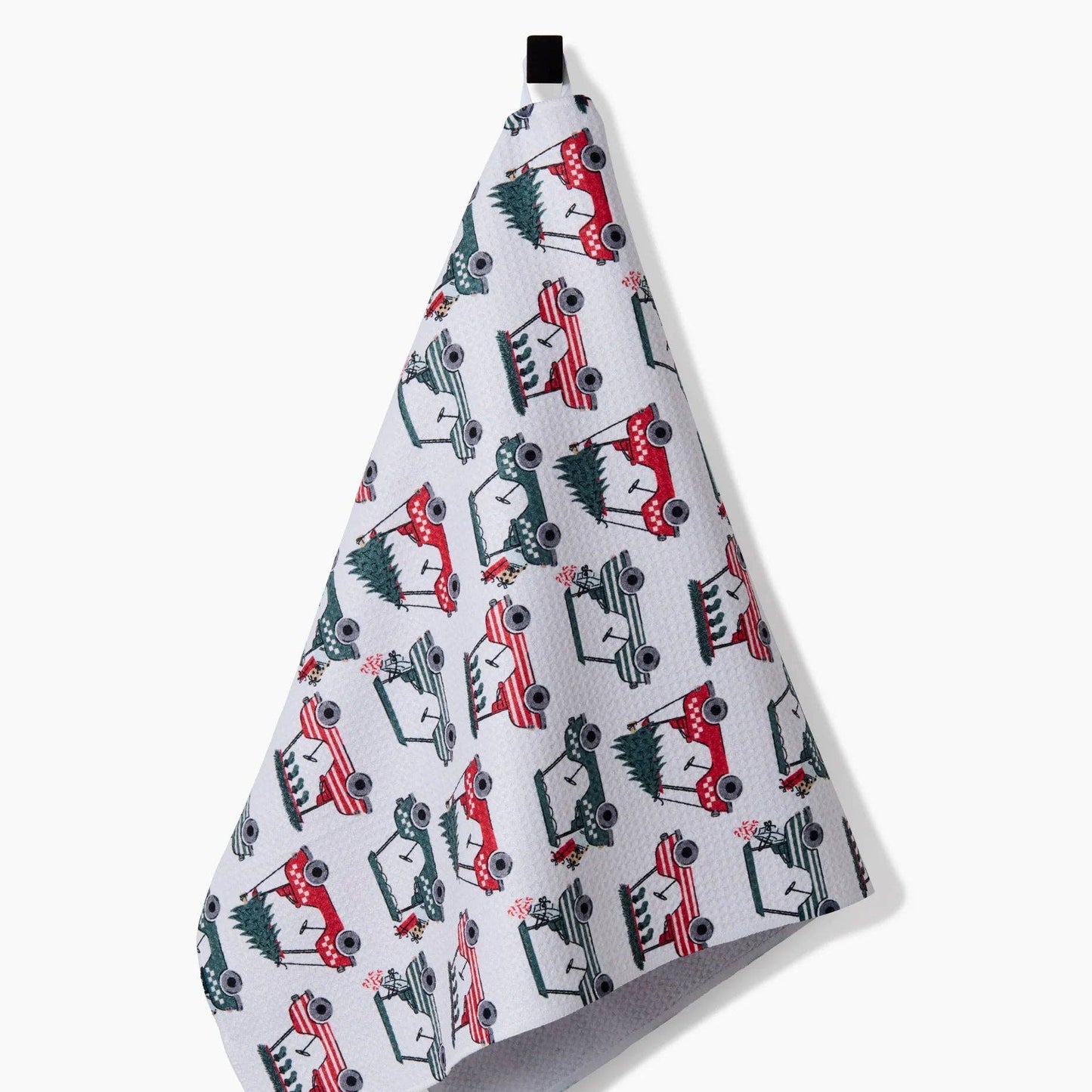 This holiday golf kitchen towel comes with a convenient hang loop. 