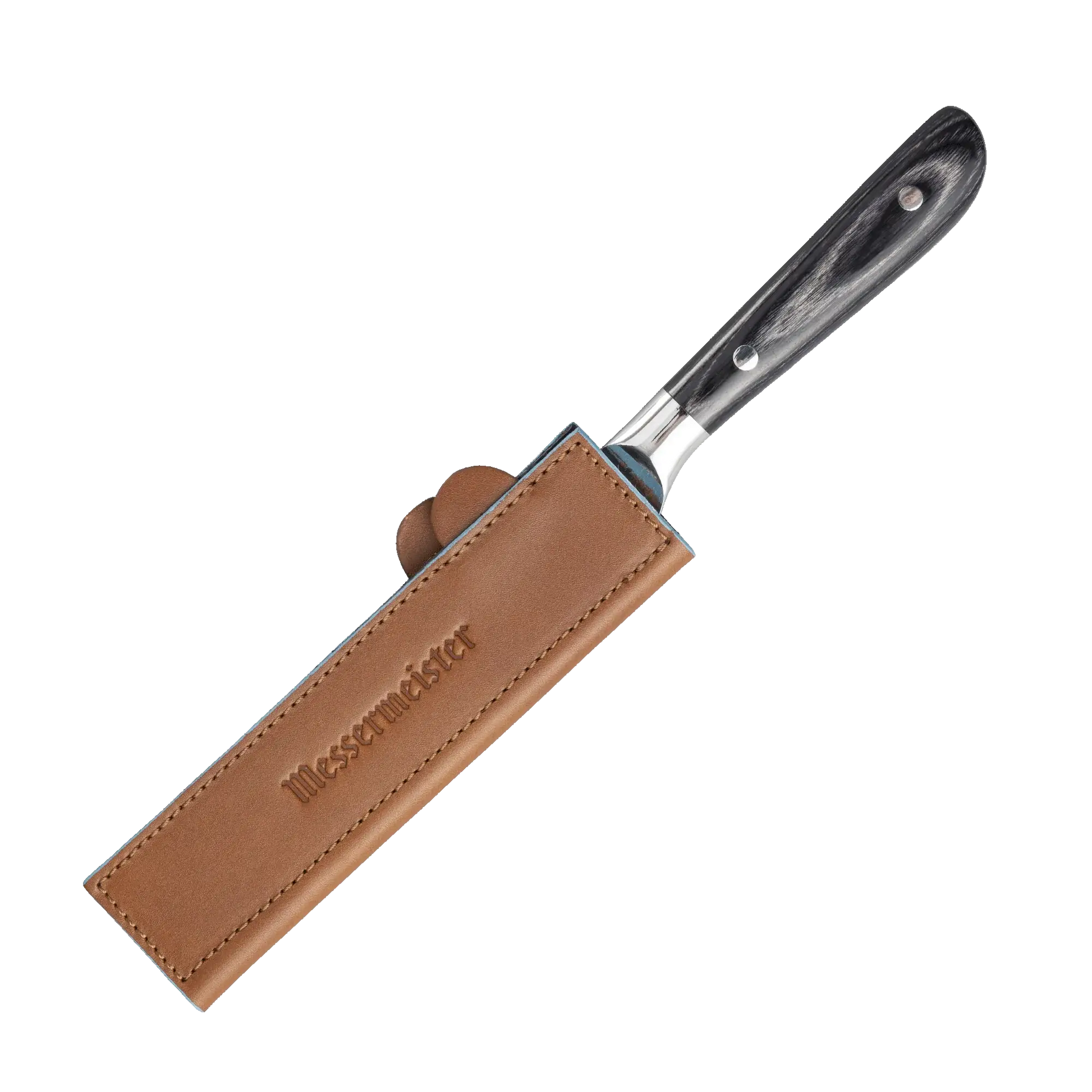 The leather knife cover magnetically closes to protect your blade. 