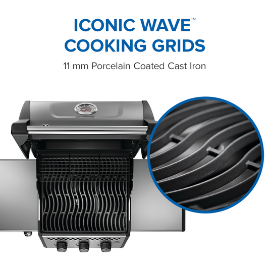 Napoleon Freestyle 365 comes with porcelain coated cast iron grids. 