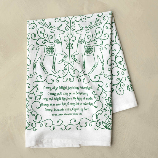 Buy one tea towel with lyrics from the hymn, 'O come all ye faithful."