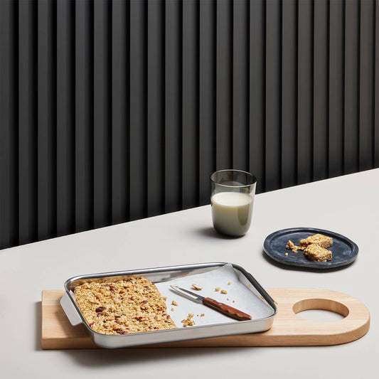 Bars are baked and served in this attractive stainless steel quarter sheet pan. 