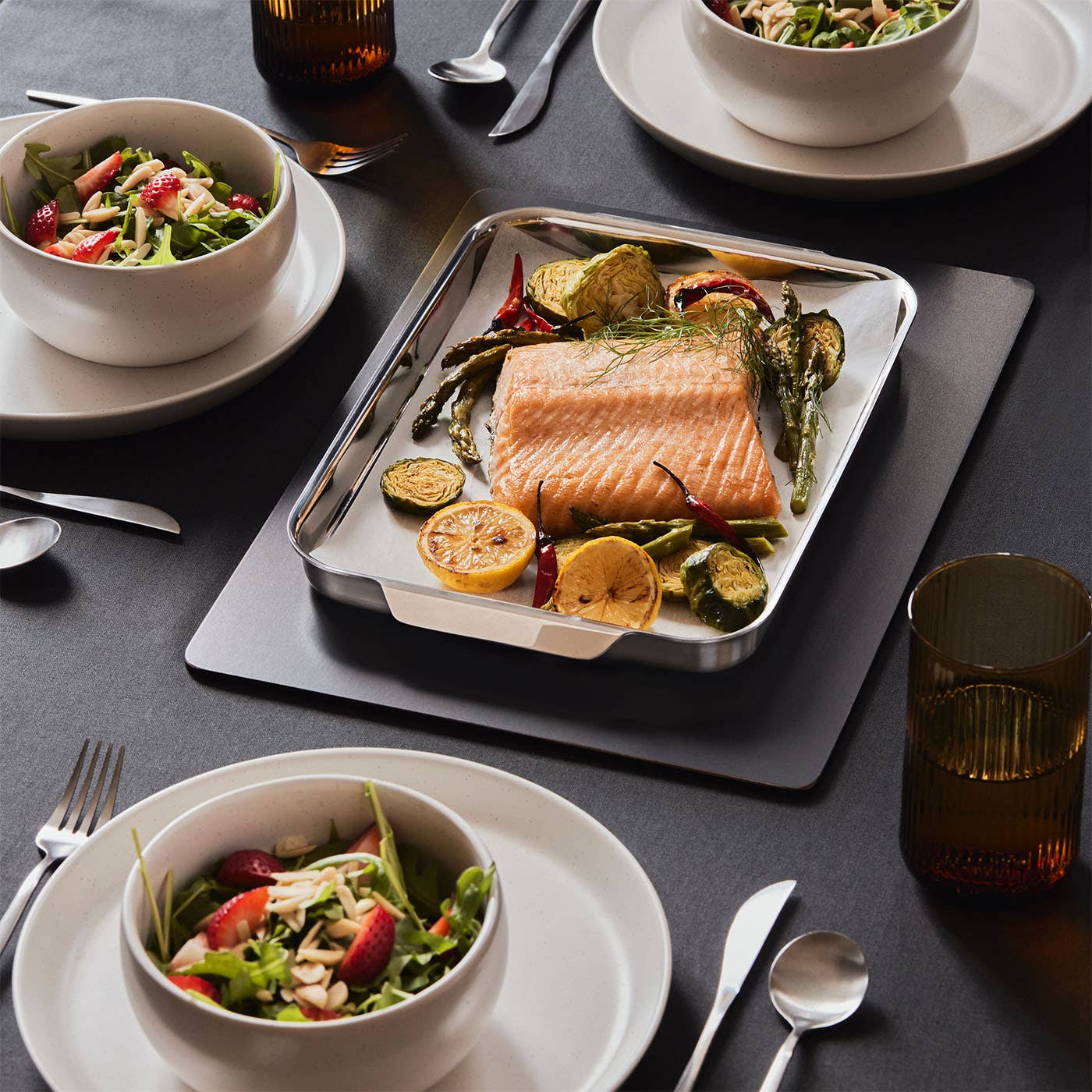 Baked salmon is easy to clean up in this dishwasher-friendly stainless steel pan. 
