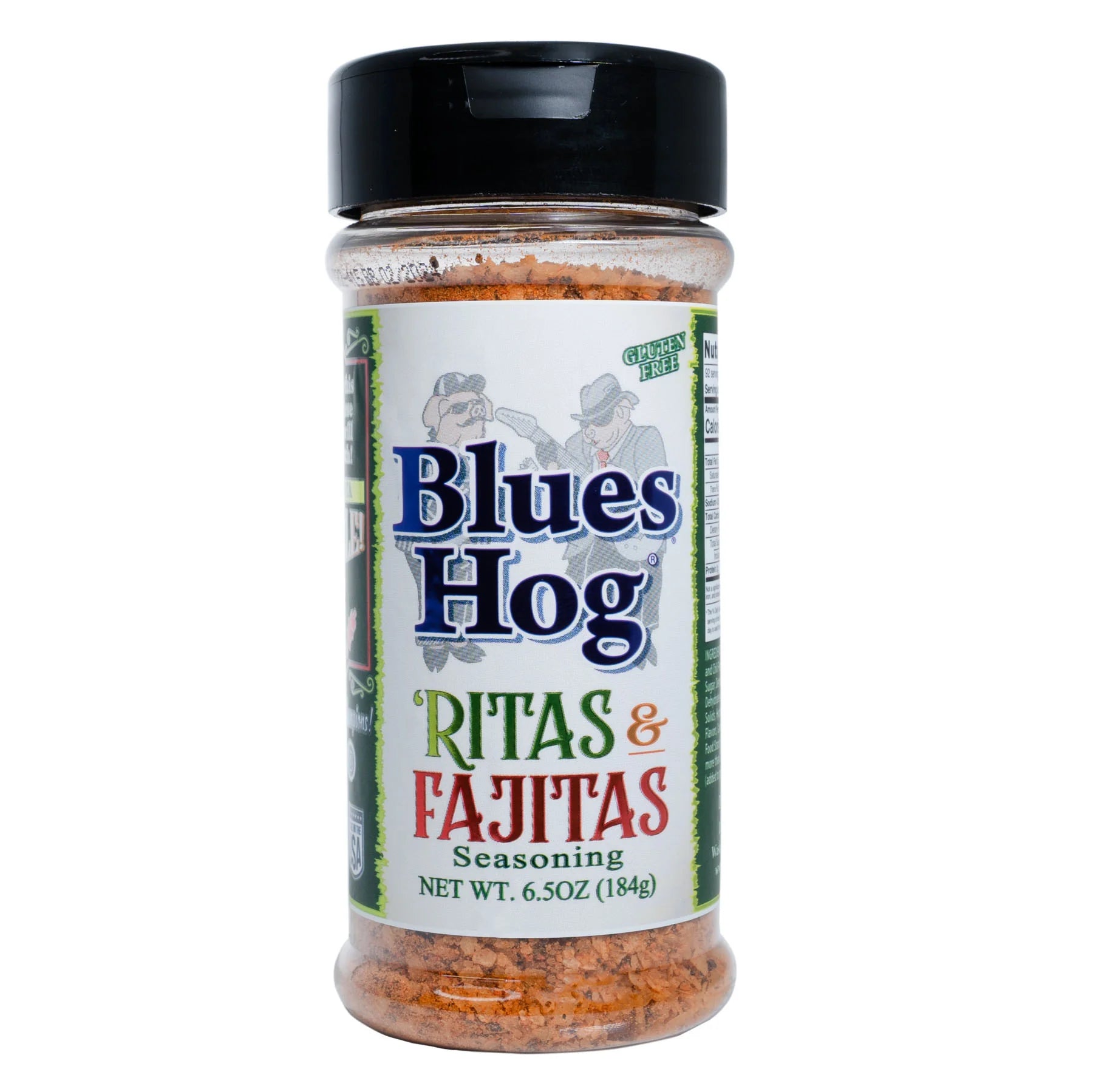 Blues Hog 'Ritas and Fajitas seasoning is gluten free. Net wt. 6.5 oz.