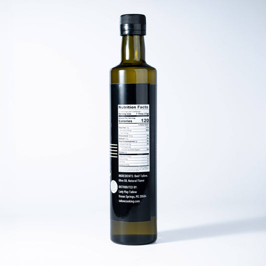 Each bottle contains 33 servings of rosemary garlic cooking oil. Ingredients are beef tallow, olive oil, and natural flavor. 