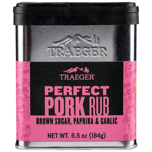 Traeger Perfect Pork Rub is sweet and savory with brown sugar, paprika and garlic.